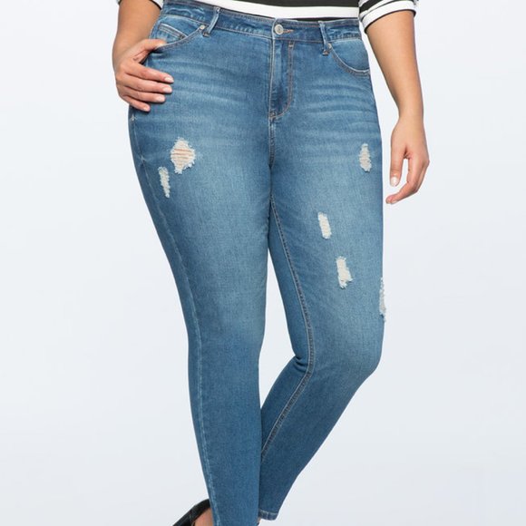 Eloquii Peach Lift Distressed Skinny Jean-Reg - Picture 1 of 3